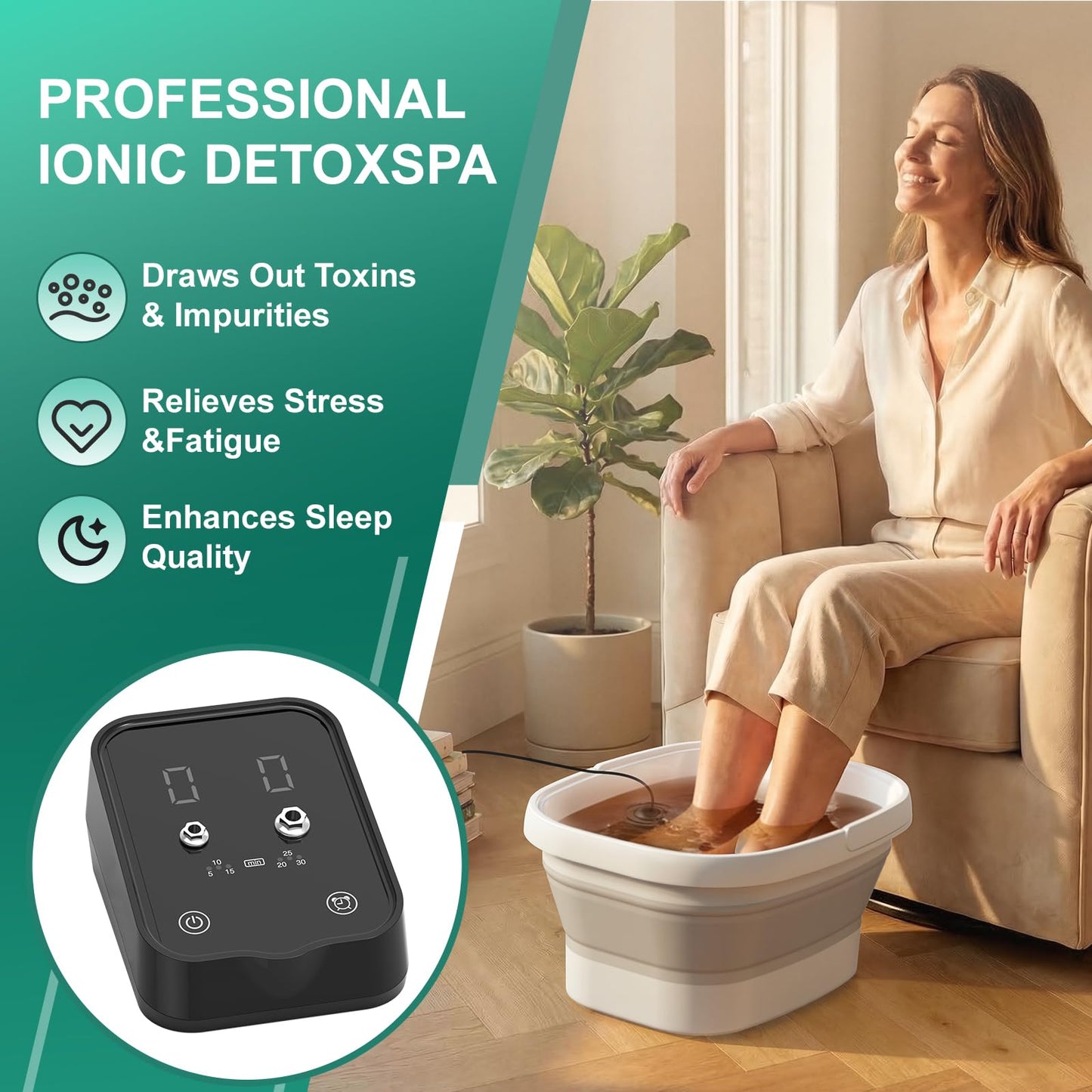 Ionic Foot Bath Detox Machine,Foot Detox Foot Bath Soak Tub with 2 Arrays,80 Disposable Foot Spa Liners, Sea Salt,Folding Foot Spa Bucket,Home Salon-Level Foot Soaking Tub