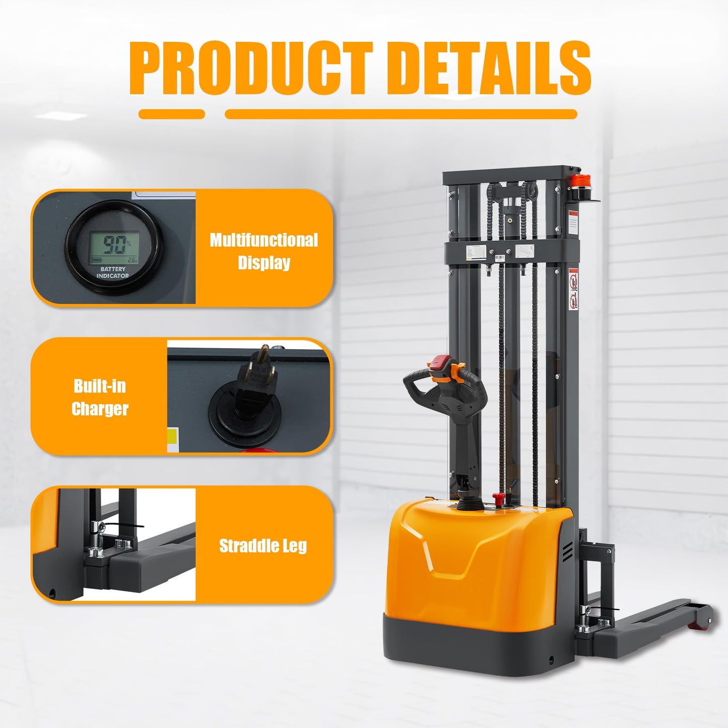 APOLLOLIFT Full Electric Stacker, Straddle Legs Pallet Stackers 98" Lifting, 3300lbs Material Lift Forklift for Warehouse with Adjustable Forks