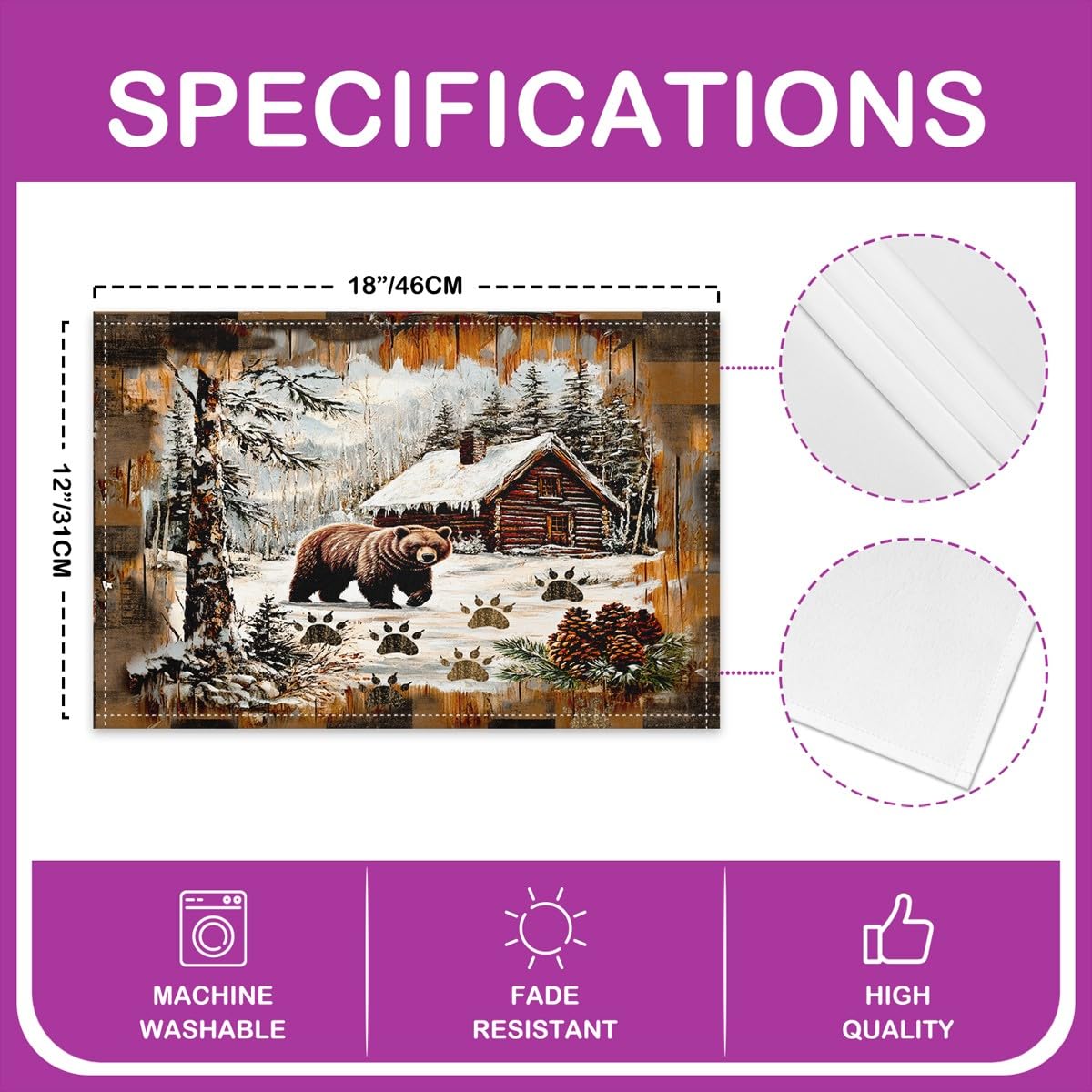 Lodge Cabin Placemats 12x18 Inch Set of 4 Pine Trees Wild Animal Jungle Bear Table Mats for Kids Teens Adults Wooden Stripes Winter Farmhouse Rustic Kitchen Mats for Dining Table