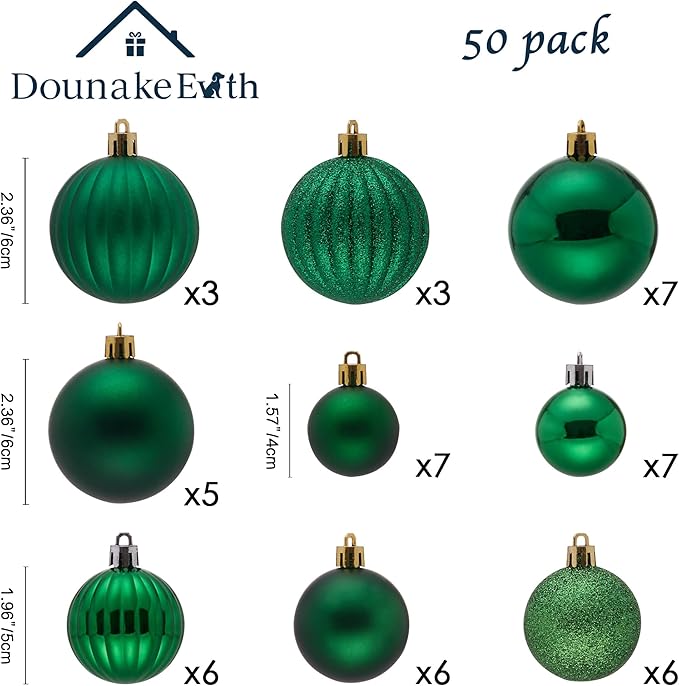 Christmas Tree Decorations Ornament Set, 50ct Dark Green Shatterproof Christmas Ball Ornaments Hanging Xmas Holiday Party Decor(1.57"-2.36")