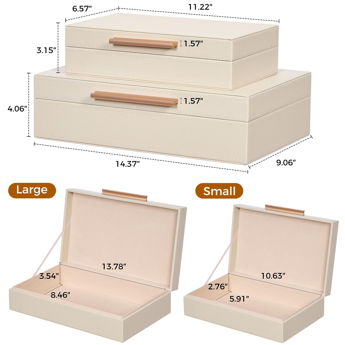 YUNSCEND Decorative Boxes with Lids 2-Set, Memory Box for Keepsakes, Saving Space, Beautiful PU Leather Keepsake Box, Decorative Storage Boxes with Gold Metal Handles Store Photos, Documents White