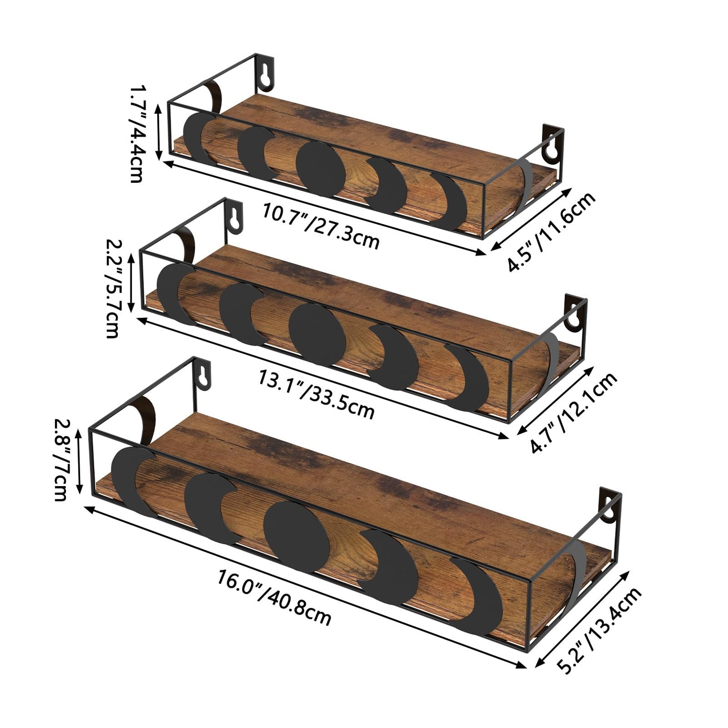 PHAREGE Black and Brown Floating Wall Shelves, Set of 3 Moon Phase Decorative Small Shelves for Bedroom Kid Room, Display Shelf for Crystal Collectibles Figurine
