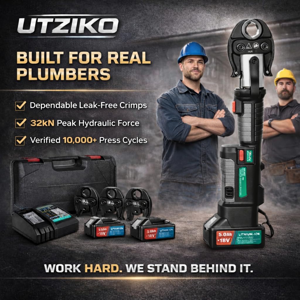UTZIKO 18V Cordless Pipe Crimping Tool Kit, Electric Hydraulic Pipe Crimper with 1/2", 3/4", 1" Jaws & Pipe Cutter for Copper, Stainless Steel & PEX Pipes, One-Hand Operation