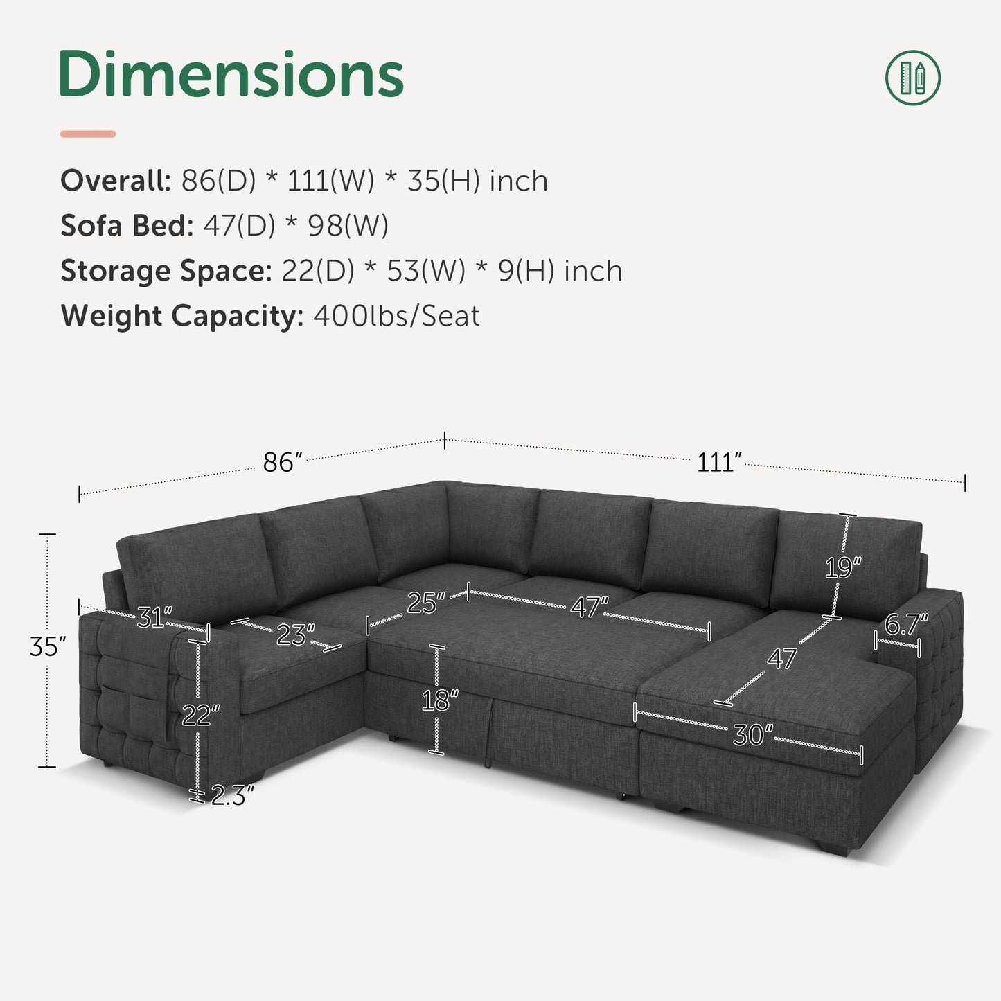 HONBAY Sectional Sleeper Sofa with Pull-Out Bed Storage Chaise, 6 Seater Couch for Living Room, Middle Grey