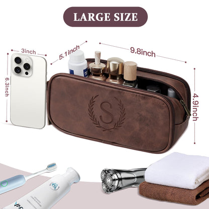 Janhavi Travel Essentials Toiletry Bag, Waterproof PU Leather Initials & Wheat, Groomsmen Gifts, Men's Accessories Organizer, Travel Bags for Men, Birthday Gift Box for Men (Medium, Dark Brown, O)