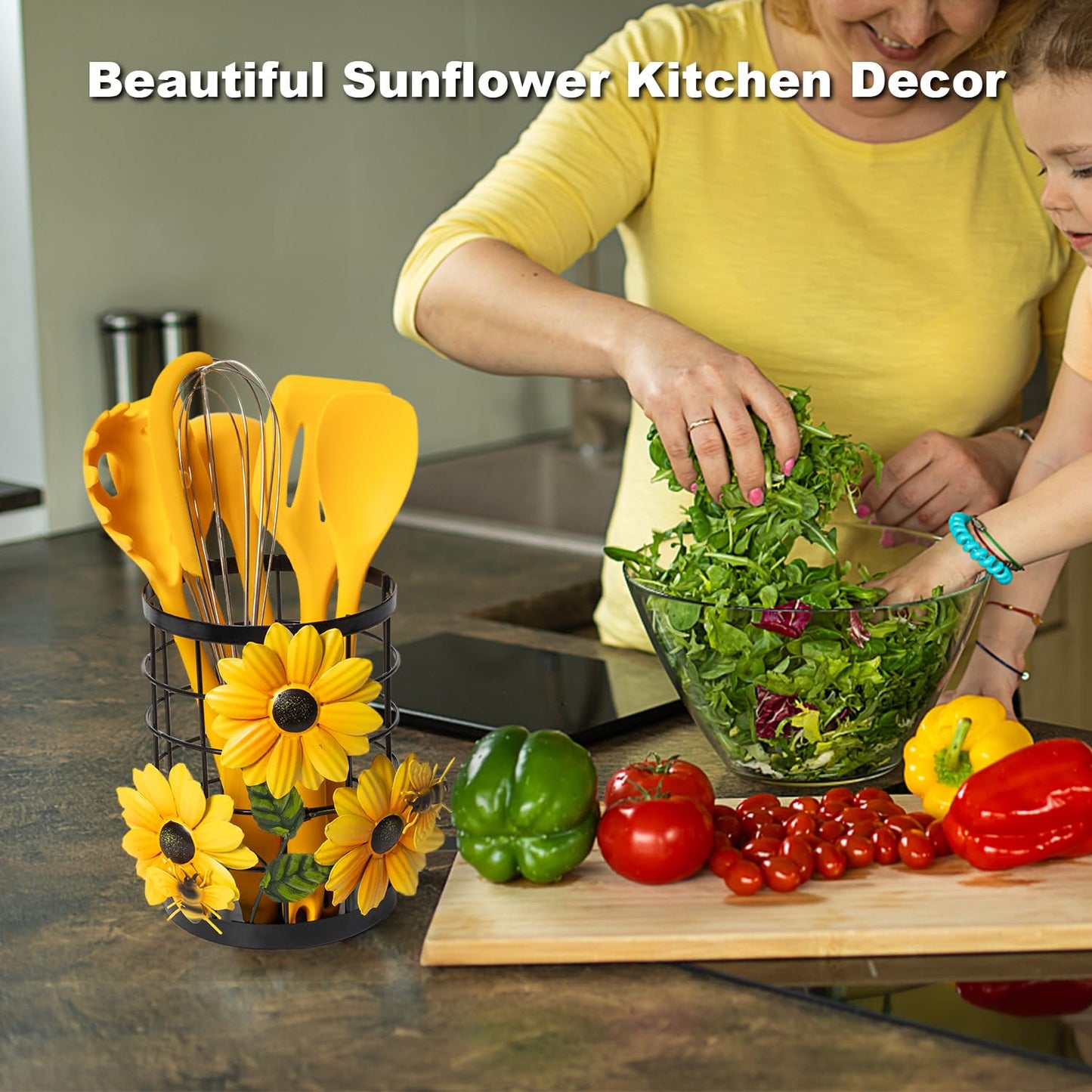 Sunflower Utensil Caddy with Silicone Cooking Utensils Set 6PCS, Canister Holder Sunflower Kitchen Decor and Accessories Theme Set Counter Yellow Kitchen Decor Country Crock Organizer Gifts for Women