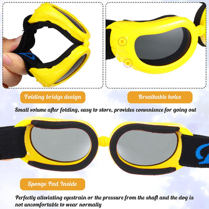 Dog Helmet and Goggles Set - 4 Inch Padded Motorcycle Helmet, Sunglasses Safety Cap, Hard Hat With Adjustable Belt for Small Pets Riding, S Size (Yellow)