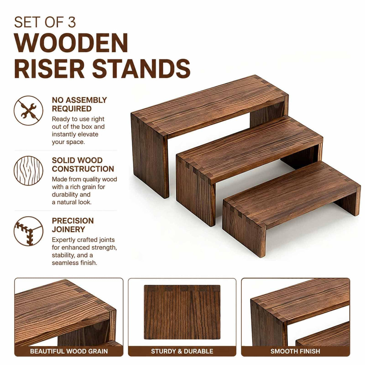 Jerbikas 3-Tier Wooden Display Risers, Tiered Display Stand, Shelf Risers for Table Display, Small Wood Display Shelf