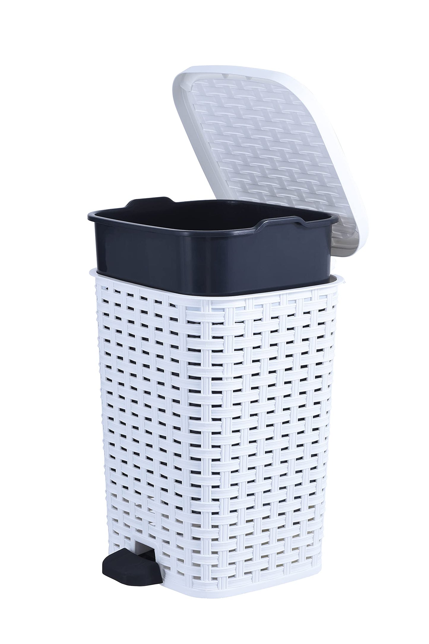 Superio Small Outdoor Trash Can with Lid for Dog Poop 3 Gallon/12 L Mini Plastic Garbage Can with Foot Pedal for Bathroom, Bedroom, Office, Patio, Wicker White, 5 Pack