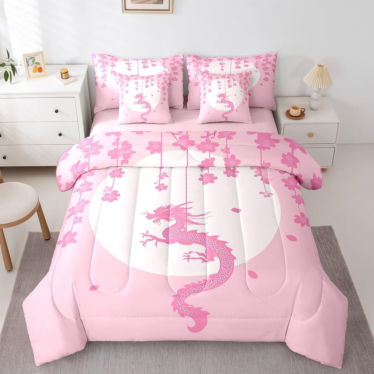 Erosebridal Pink White Kawaii Bedding Set for Kids Girls Teen Women,Fantasy Animal Dragon Twin Comforter Set 7 Piece Magical Wildlife Bed in A Bag Aesthetic Romantic Cherry Blossom Bed Set
