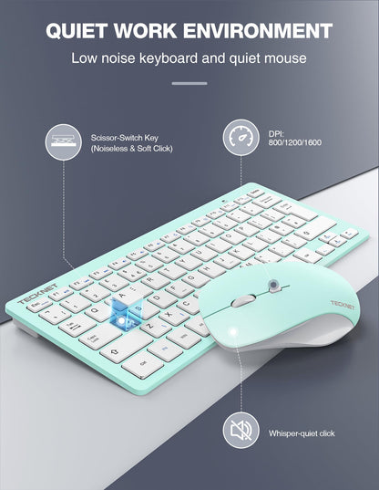 TECKNET Mini Wireless Keyboard and Mouse Set, 2.4G Cordless USB Keyboard and Silent Mouse Comb with Nano USB Receiver, 12 Multimedia Shortcuts for Computer, PC, Laptop, Desktop, Green