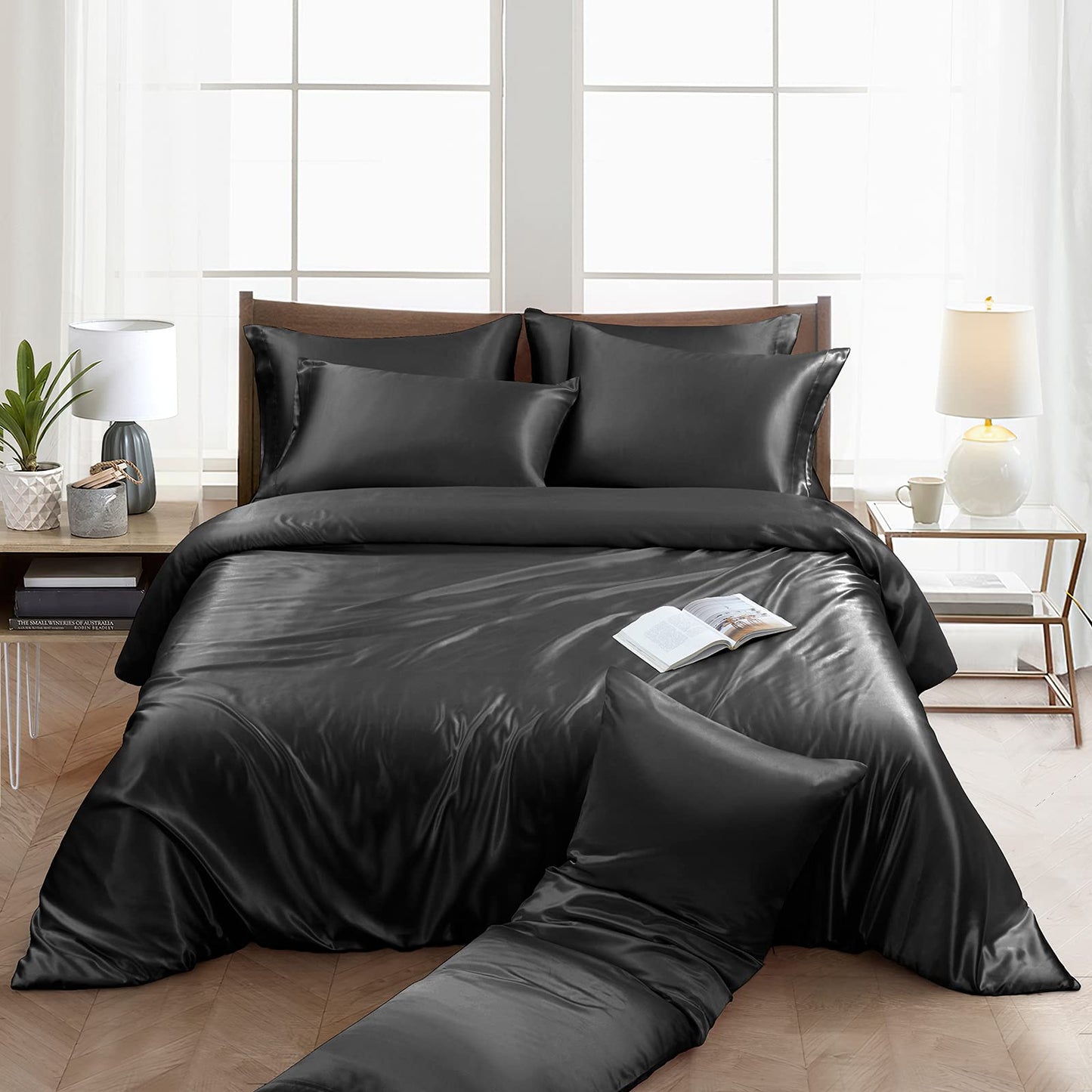 Ersmak 6 Pieces Satin Duvet Cover King Size Luxury Silky Bedding Duvet Cover Set with 1 Soft Duvet Cover, 4 King Pillowcases and 1 Body Pillowcase, Black