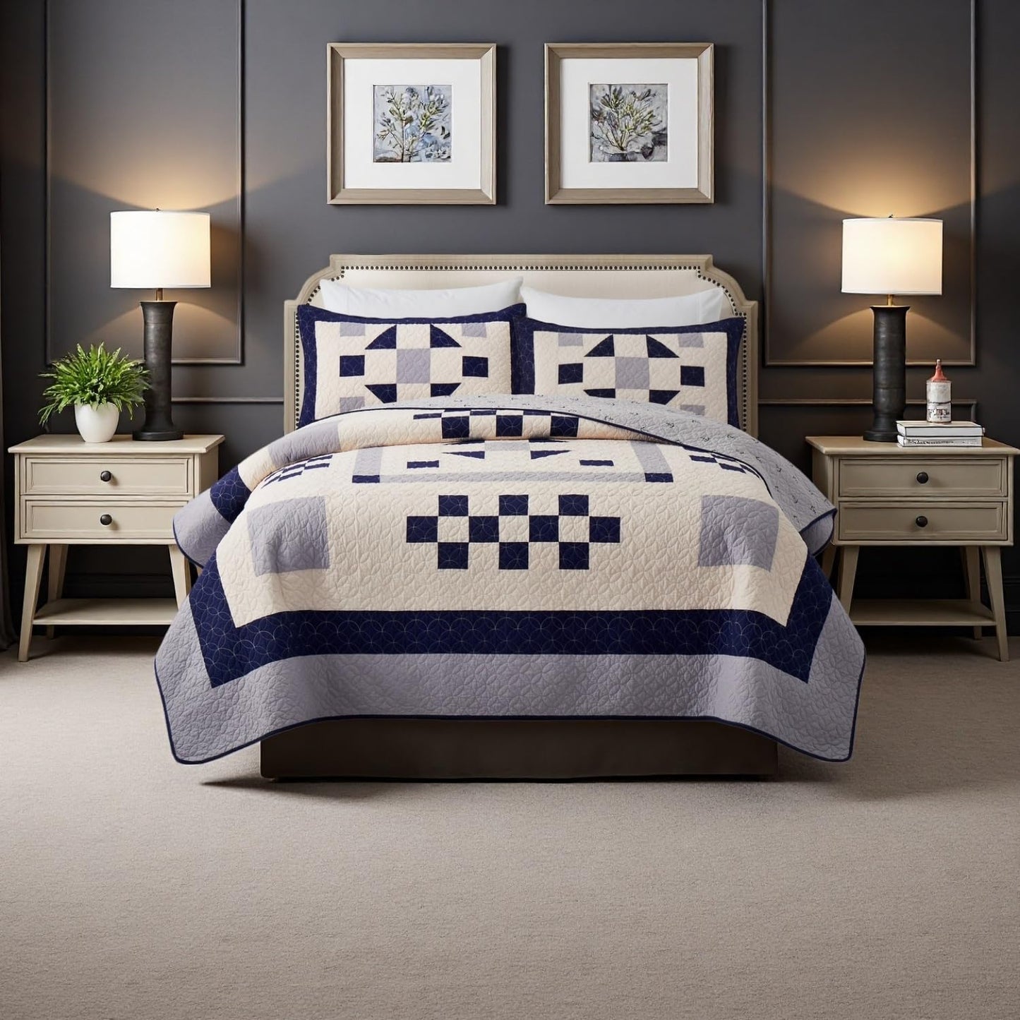 HUANXULISI California King Quilt, Navy Blue Grey, 118x102 Inch