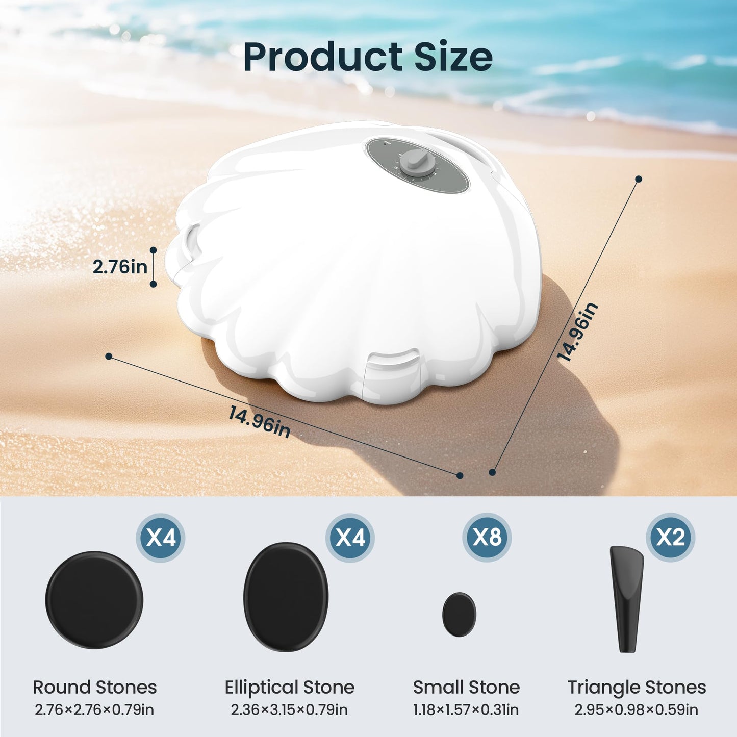 StateRiver Shell Hot Stones Massage Set, 18-Piece Basalt Hot Stones with Heater Kit, Featuring an Elegant Seashell Design for Spa Use. Perfect for Relaxation, Healing, and Pain Relief. （White）