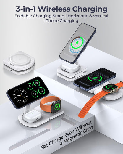 EGV Wireless Charger for iPhone, 3-in-1 Magnetic Charging Station for Apple, MagSafe Charger Stand for iPhone 17 Air 16 15 14 13 12 Series, Airpods Pro, Apple Watch Ultra, Foldable, No Adapter, White