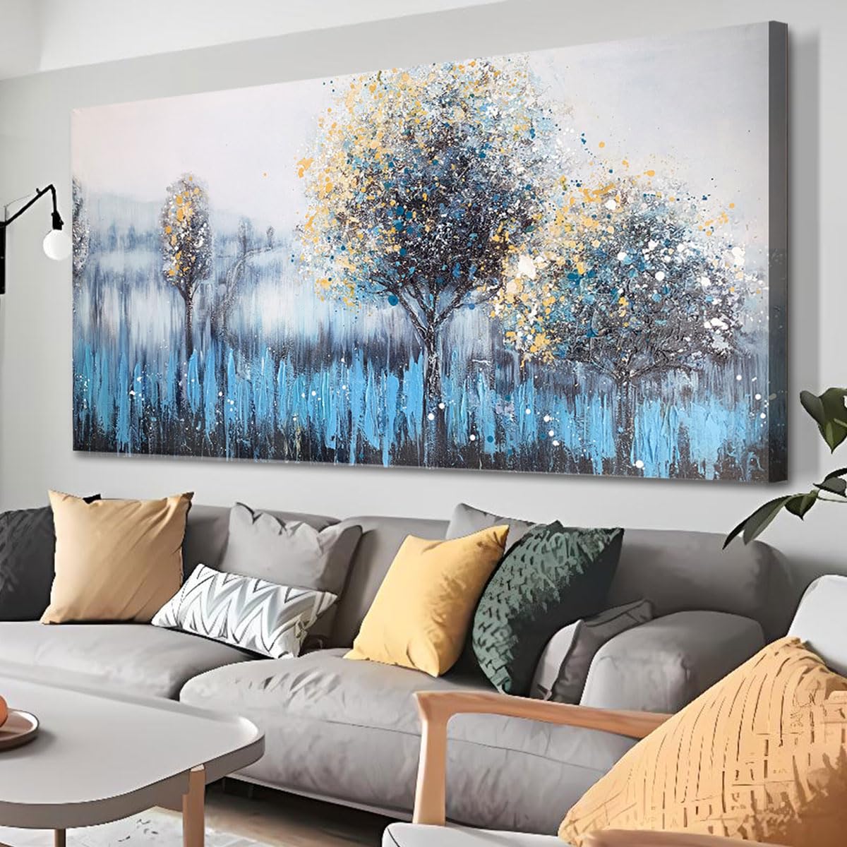 Arjun Tree Wall Art Canvas for Living Room Blue Tree of Life Nature Teal Abstract Textured Painting Picture Modern Panoramic Landscape Artwork Framed Bedroom Home Office Decor, Large Size 40"x20"