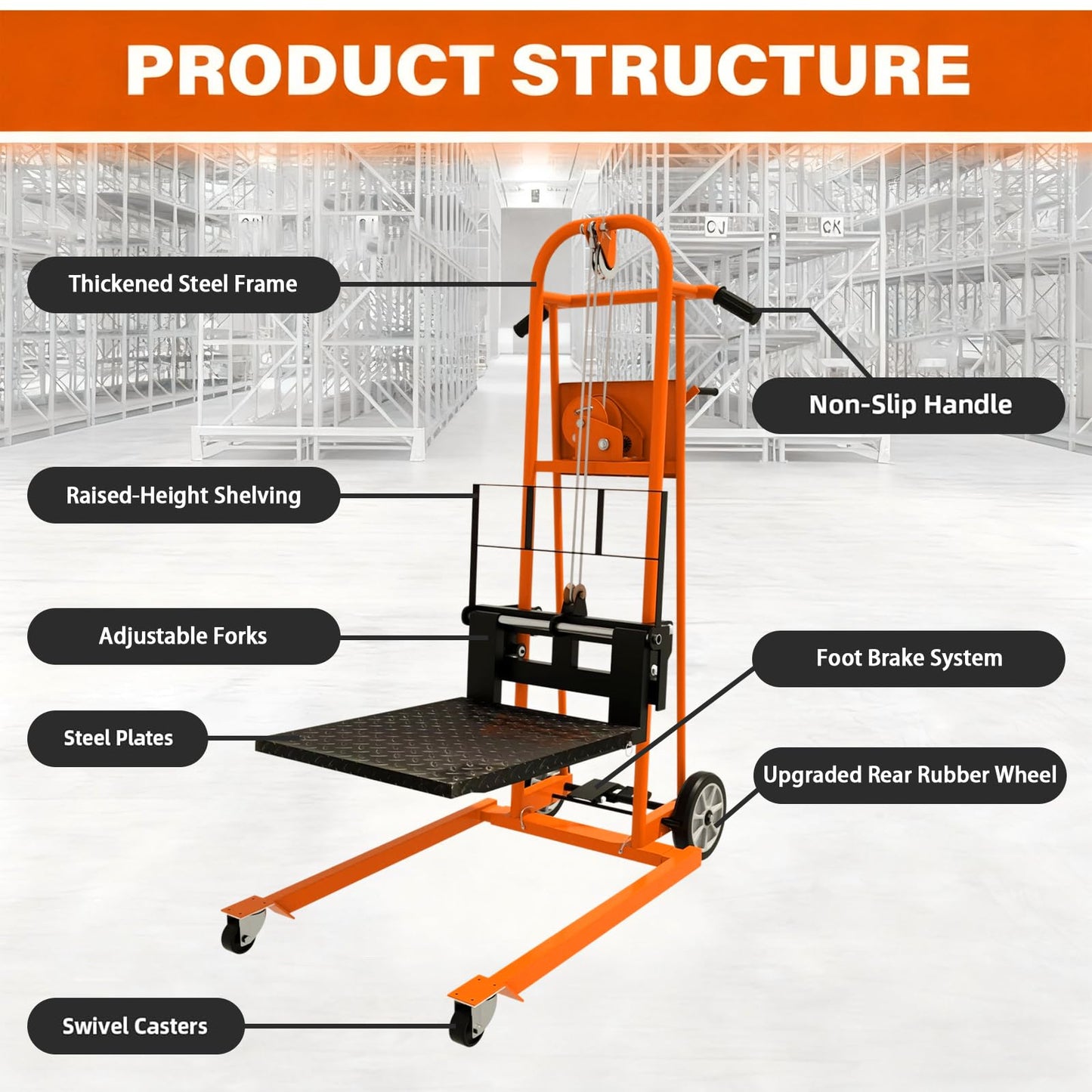 APOLLOLIFT Material Lift Winch Stacker, 500 lbs Capacity 41.4" Lifting Height, Manual Stacker Pallet Jack Truck Dolly with Swivel Casters and Lift Plate(Orange)