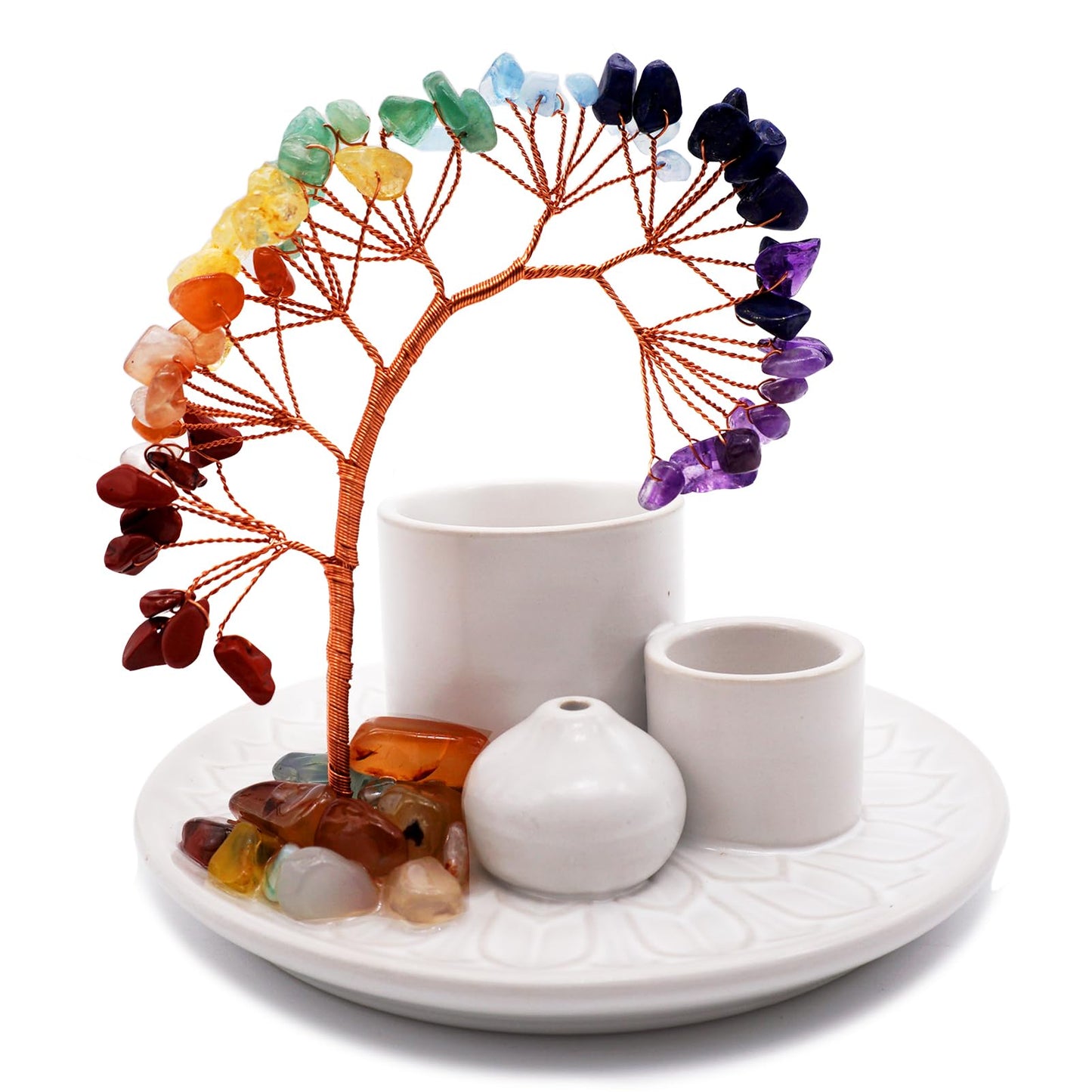 5 in 1 Incense Burner Holder with Crystal Healing Tree, Palo Santo Holder, Sage Holder, Incense Holder for Sticks/Cones/Candles, Ceramic Tray Ash Catcher for Burning Incense, Meditation Gift (White)