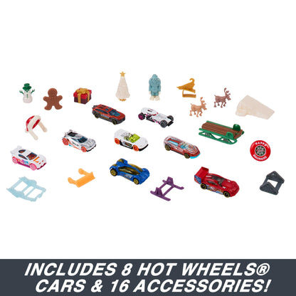 Hot Wheels Advent Calendar, 8 Hot Wheels Cars and 16 Winter-Themed Accessories behind 24 Numbered Doors Plus a Playmat, For Kids & Hot Wheels Fans, HKL74