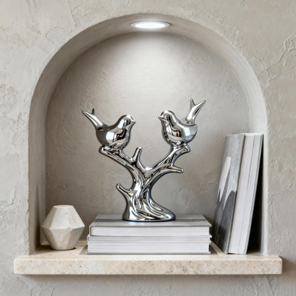 Jubiluxor Silver Ceramic Bird Statue, Mirror Chrome Finish, Two Lovebirds on Branch, 7-Inch Mantel & Bookshelf Decor, Modern Home Sculpture, Housewarming Wedding