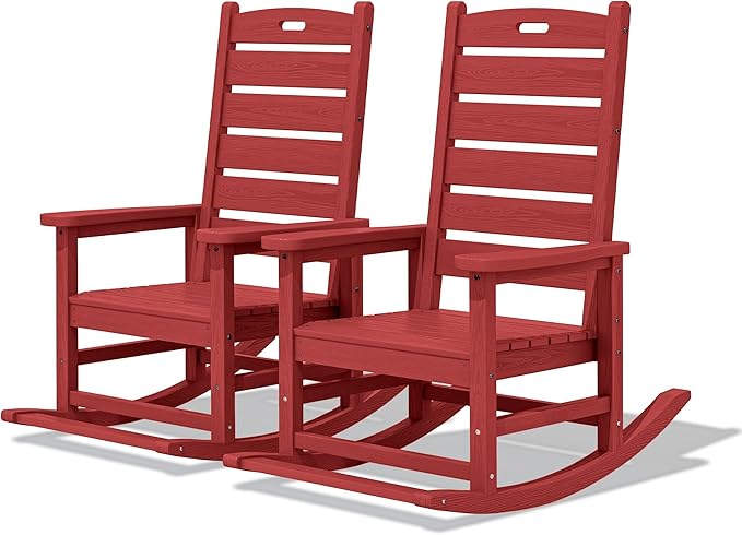 SERWALL Outdoor Rocking Chair Set of 2, Oversized Rocking Chair with Footboard for Adults, HDPE All Weather Resistant Rocking Chairs for Patio, 350lbs Weight Capacity,Red