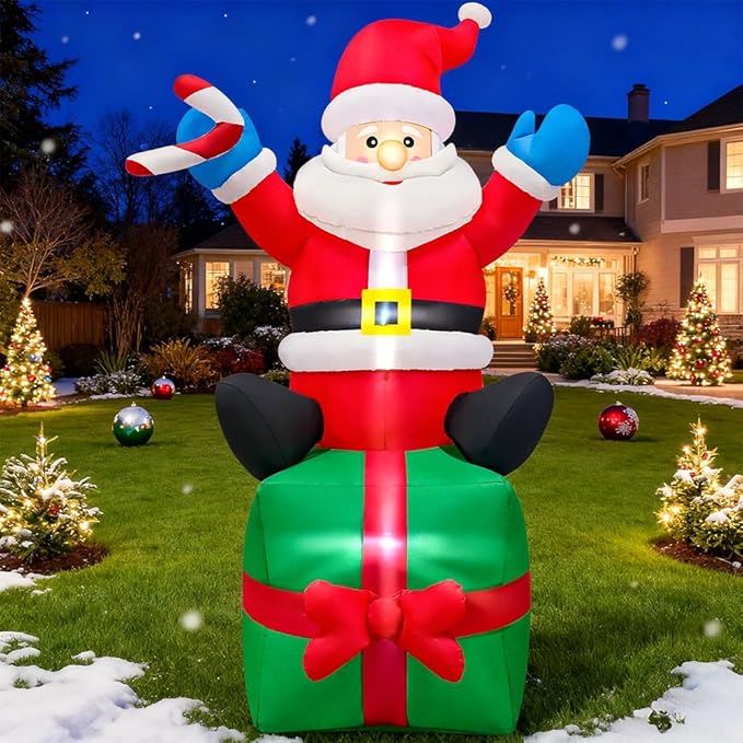 KOOY 6FT Christmas Santa Inflatables Outdoor Decorations Santa Claus with Gift Box Blow Up Yard Decorations,Built-in LED Lights for Outdoor Christmas Party Yard Garden Lawn Xmas Decoration