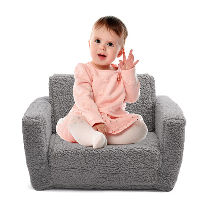 BEJOY Kids Sofa Bed 2-in-1 Flip Out Cuddly Sherpa Toddler Couch Convertible Chair to Lounger Children Sofa Bed Children's Day and Birthday Gift for Girls Boys, Grey