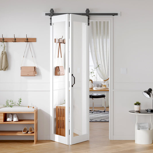 FREDBECK Preassembled Bifold Barn Door 42x84 (Double 21x84) with 1 Lites Mirror,Bi-fold Closet Doors Hardware Kit Included,46" Track for 2 Doors, PVC, White,for Living Room, Bathrooms, Kicthen