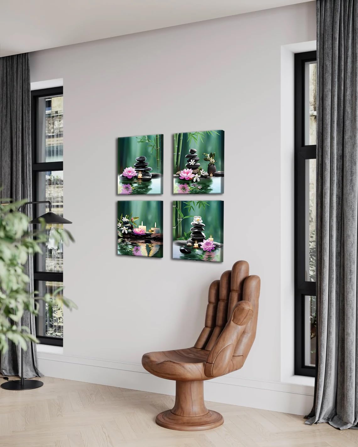 TANXM Set of 4 Zen Spa Canvas Wall Art, Meditation Stone Lotus Bamboo Water Print, Calming Yoga Room Decor for Bathroom Living Room, Ready to Hang 8 x 10 IN