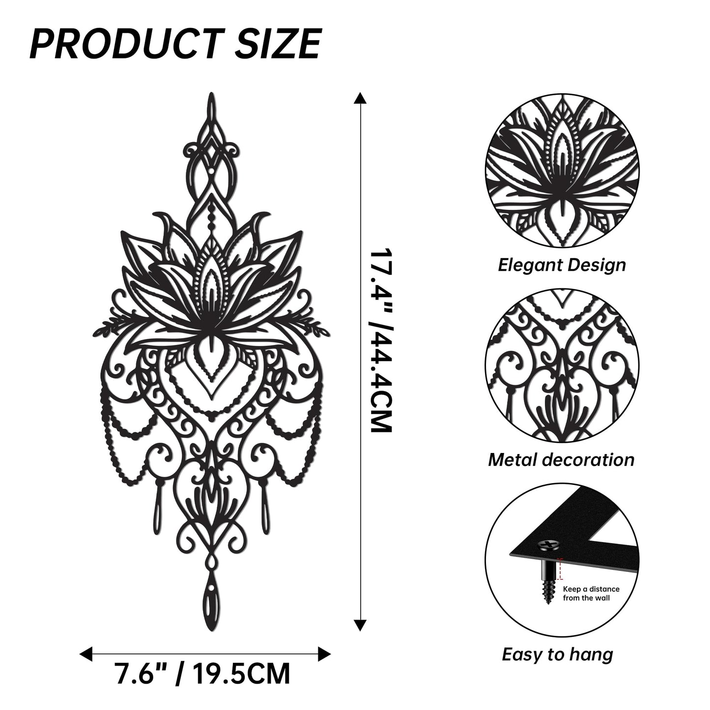 JEWLOVE Metal Mandala Wall Art – Sacred Geometry Lotus Flower Decor for Yoga Meditation Room, Spiritual Boho Home Decor (7.7x17.5 Inch)