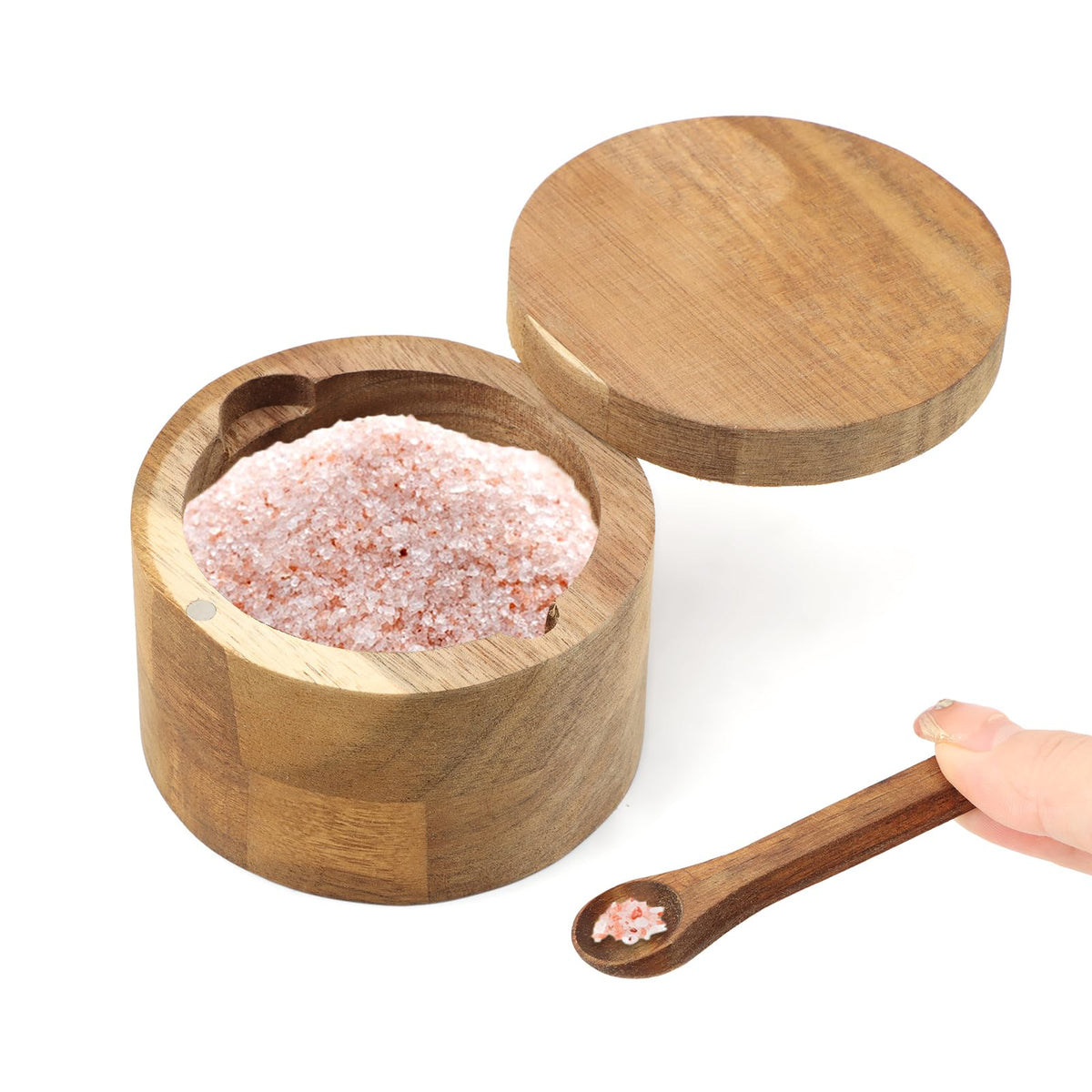 Velarionna Salt Cellar with Spoon – Wooden Acacia Bowl, Magnetic Lid for Pepper & Spices