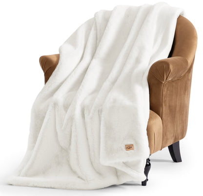 UGG Euphoria Plush Faux Fur Throw Blanket, Warm Fluffy Throw for Couch or Bed, Luxury Bedroom Decor, Christmas Fluffy Blankets, Machine Washable, 50-inch x 70-inch, White Snow