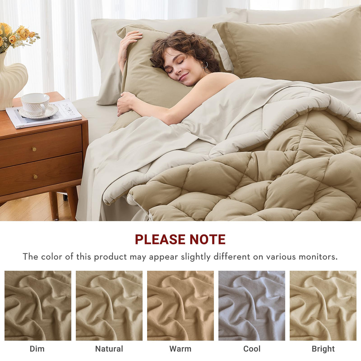 MUXHOMO 7 Pieces Queen Comforter Set, Reversible Bed in a Bag Queen Size, All Season Bedding Set with Comforter, Flat Sheet, Fitted Sheet, Pillowcases & Shams, Khaki & Linen