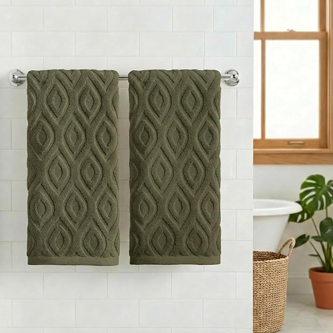 Artoid Mode 2 Pcs Olive Green 3D Diamond Grid Jacquard Hand Towels