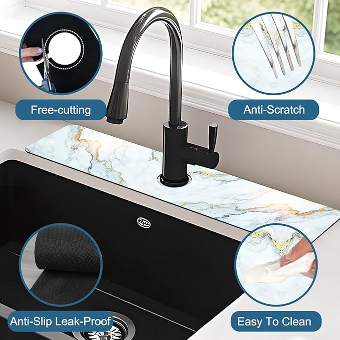 Marble Pattern Sink Splash Guard Gray Gold Marble Faucet Absorbing Mat Fast