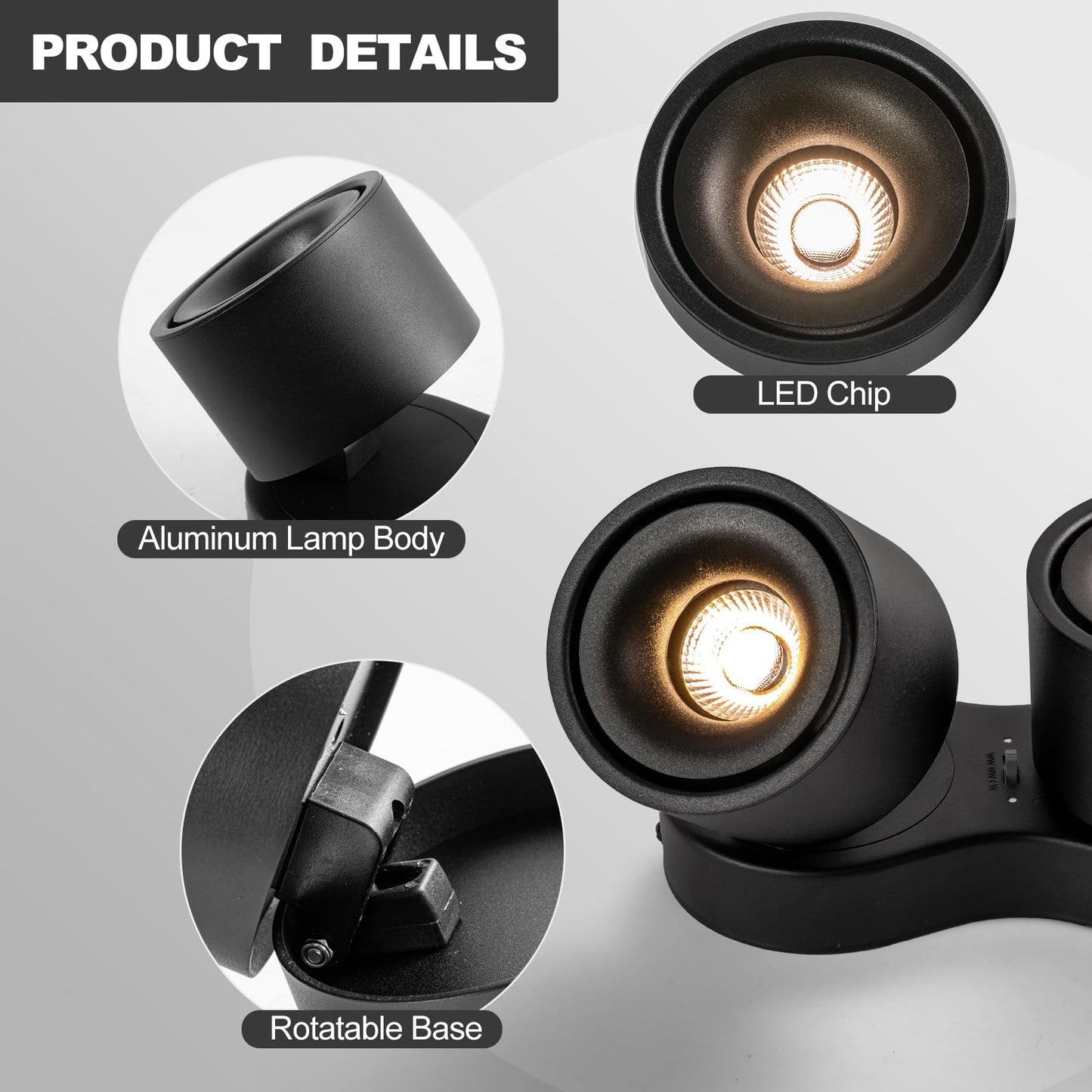 HITOO Ceiling spot Lights Indoor, Ceiling Accent Lights 3000-6000K Selectable, 20W Dual Head LED Spot Lights, CRI 98, 220° Directional, Black Ceiling Spotlight for Kitchen, Plant, Living Room