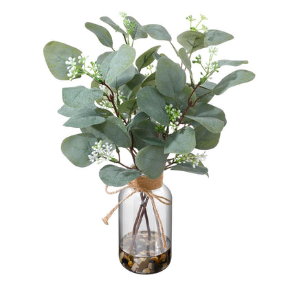 LILUYTO 15.74” Artificial Eucalyptus Stems in Glass Vase with Faux Water & Natural Stones, Lifelike Fake Greenery for Modern Farmhouse Home Decor, Bathroom Decor, Office Desk Centerpiece