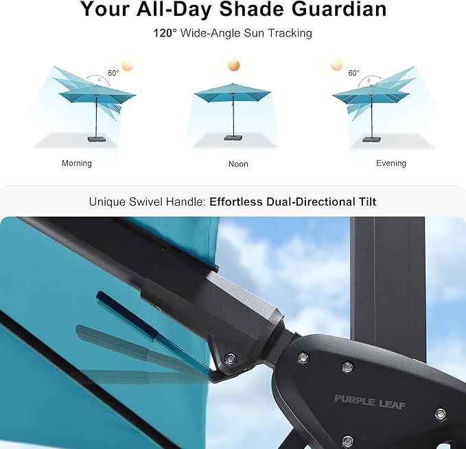 PURPLE LEAF 10 Feet Patio Umbrella with Base Outdoor Solar Powered LED Swivel Square Umbrella Offset Umbrella with 360-degree Rotation for Garden Deck Pool Patio, Turquoise Blue