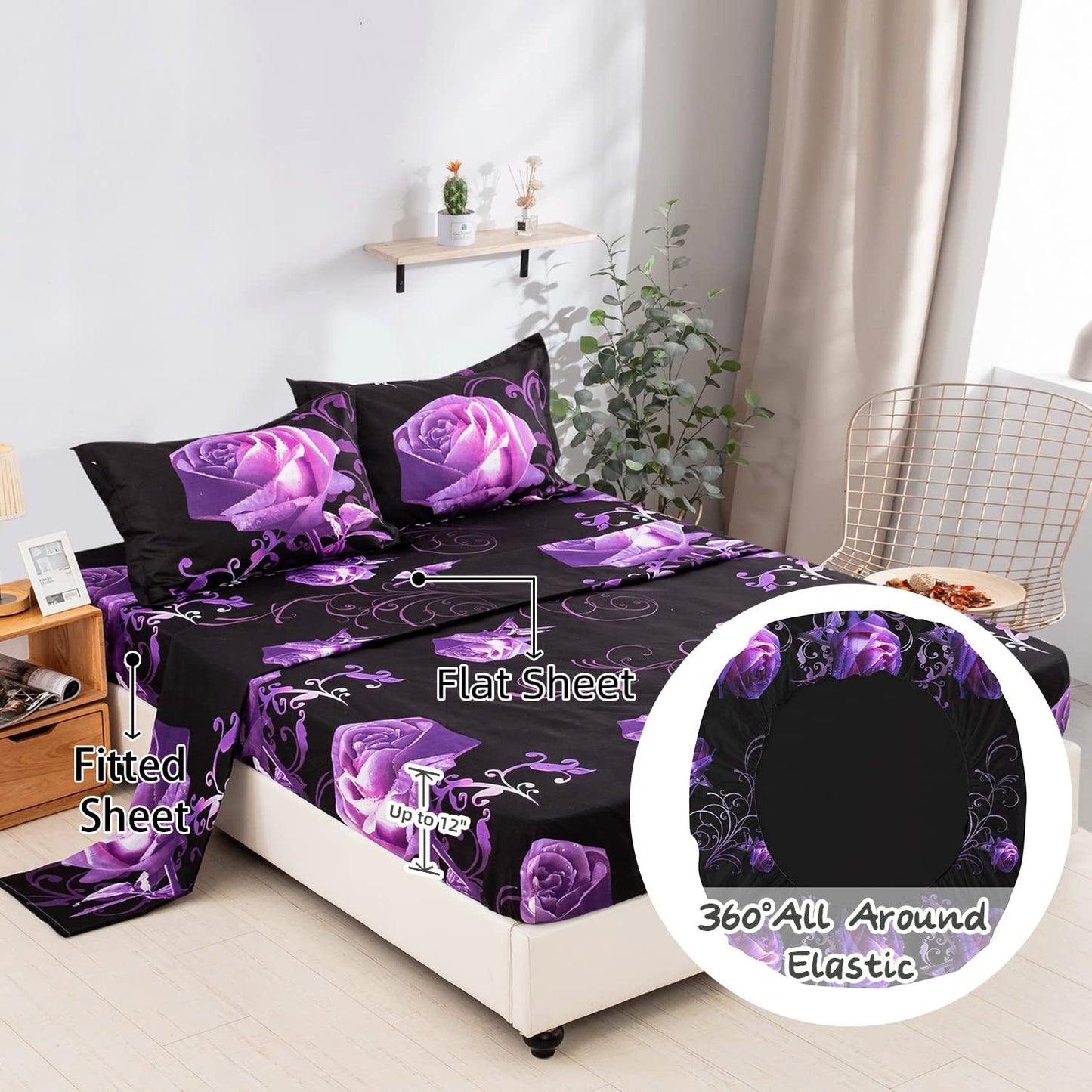 Floral Comforter Set California King 7 Piece Bed in a Bag Purple Rose Flower Comforter with Sheet Set Soft Micorfiber Bedding Set (1 Comforter,2 Pillow Shams,1 Flat Sheet,1 Fitted Sheet,2 Pillowcases)