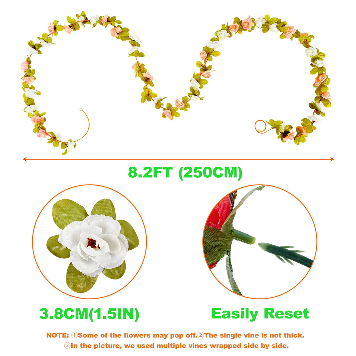 PONKING 8 Pcs x 8.2 ft Flower Garland Artificial Rose Vine Flowers with Green Leaves Hanging Fake Roses Vine for Room Party Home Wedding Birthday Christmas Wall Arch Decor, White Blue Flower