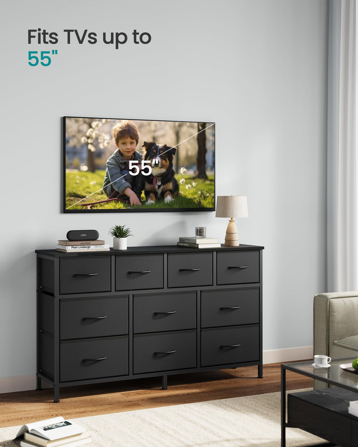 SONGMICS BELLAH Collection - Dresser for Bedroom, Chest of Drawers, TV Stand for TVs Up to 55 Inches, Living Room, Closet, 10 Drawers, Modern, Ink Black ULGS333BH02S