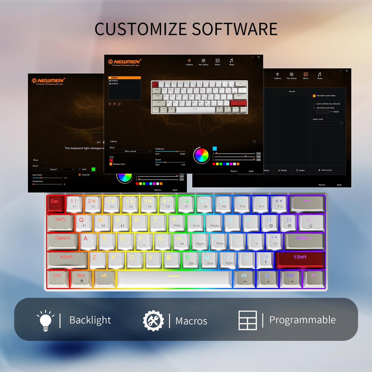 NEWMEN GM610 Wireless Mechanical Keyboard,60% USB C Wired/Bluetooth/2.4Ghz RGB Backlit Compact Hot Swappable Keyboard,White Anti-Ghosting PC Mac Windows Android Gaming Keyboards(Red Switches)
