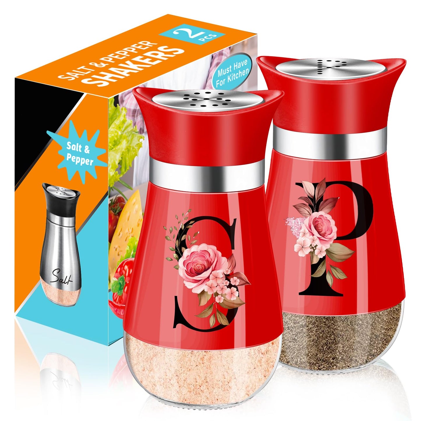 Salt and Pepper Shakers Set, 4 oz Red Kitchen Accessories, Stainless Steel & Glass Spice Dispenser Classic, Refillable Design, Farmhouse Salt Pepper Shakers Cute Kitchen Decoration (Red)