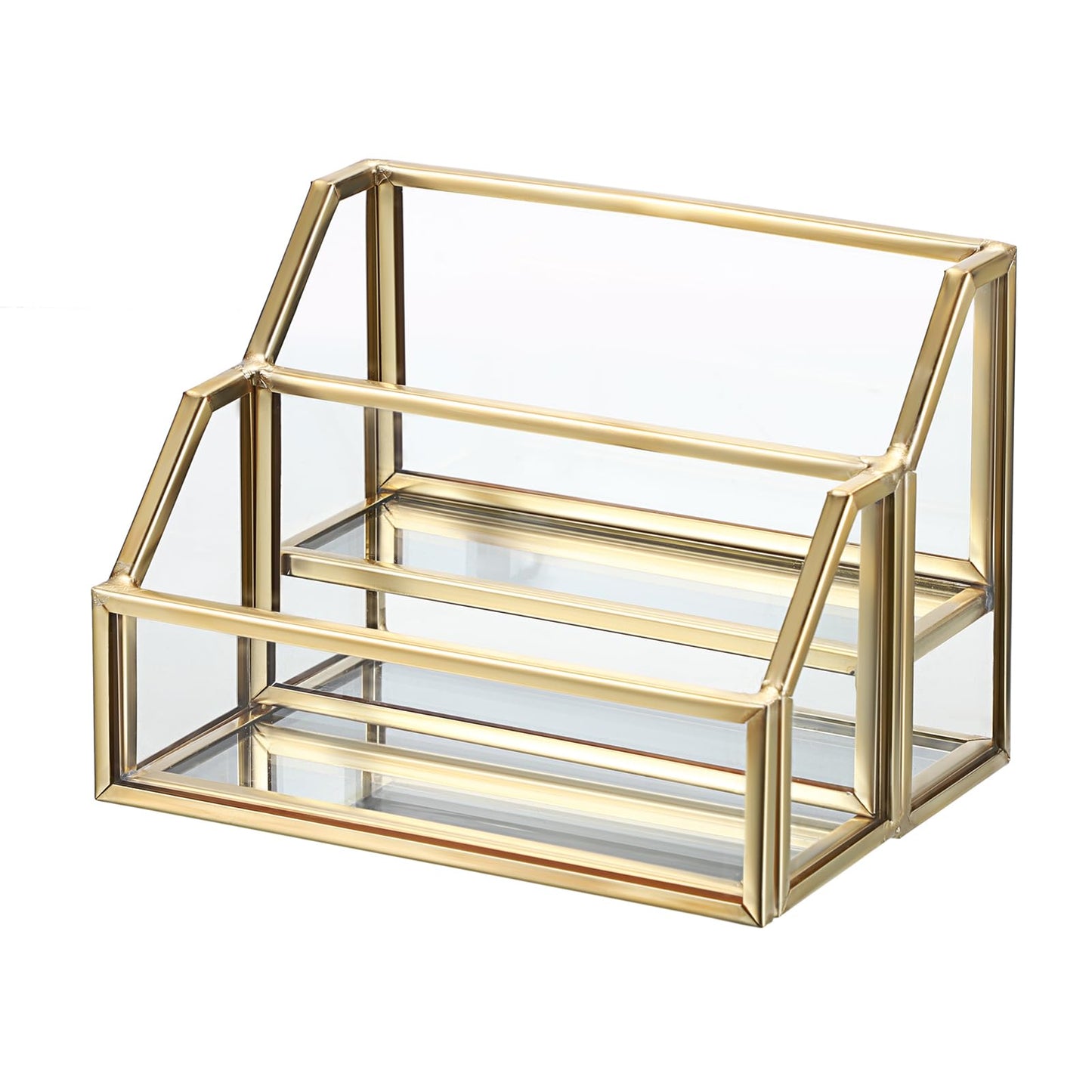 Hipiwe Glass Business Card Holder 2 Slots Gold Business Card Stand Mirrored Base Name Display Holder for Desk Multiple Clear Business Card Holder Display for Office