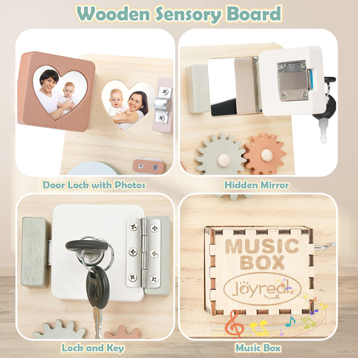 Joyreal Wooden Busy Board for Toddlers, Montessori Toys for 1 2 3 Year Old, Sensory Activity Board with Music Box & 12 Motor Skill Activities, Educational Travel Toys Gift for Boys Girls