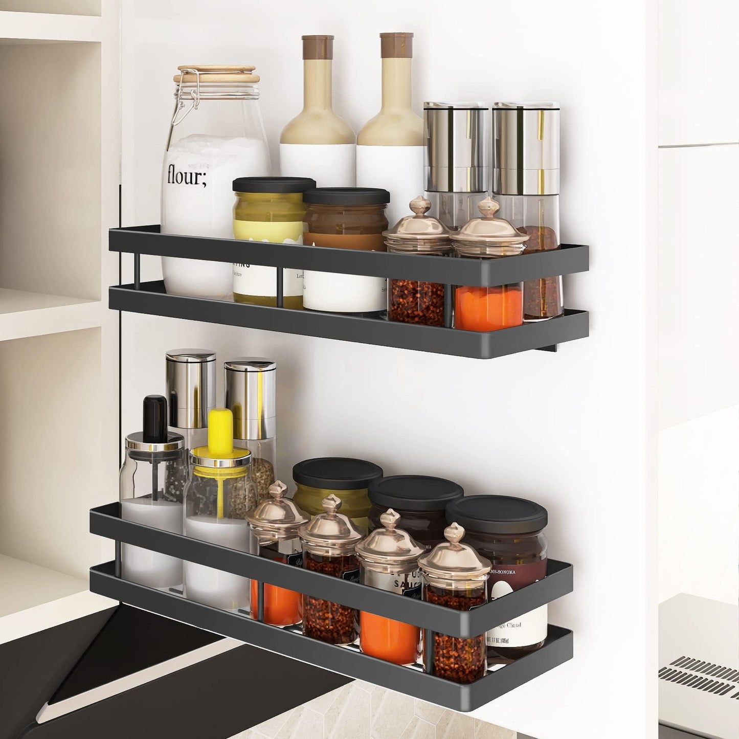 PINNIYOU Spice Rack Organizer Wall Mount, 14" Hanging Black Spice Organizer Shelf, 2 Pack Farmhouse Seasoning Organizer, Spice Shelves Holder for Kitchen, Flexible Bathroom Organizer
