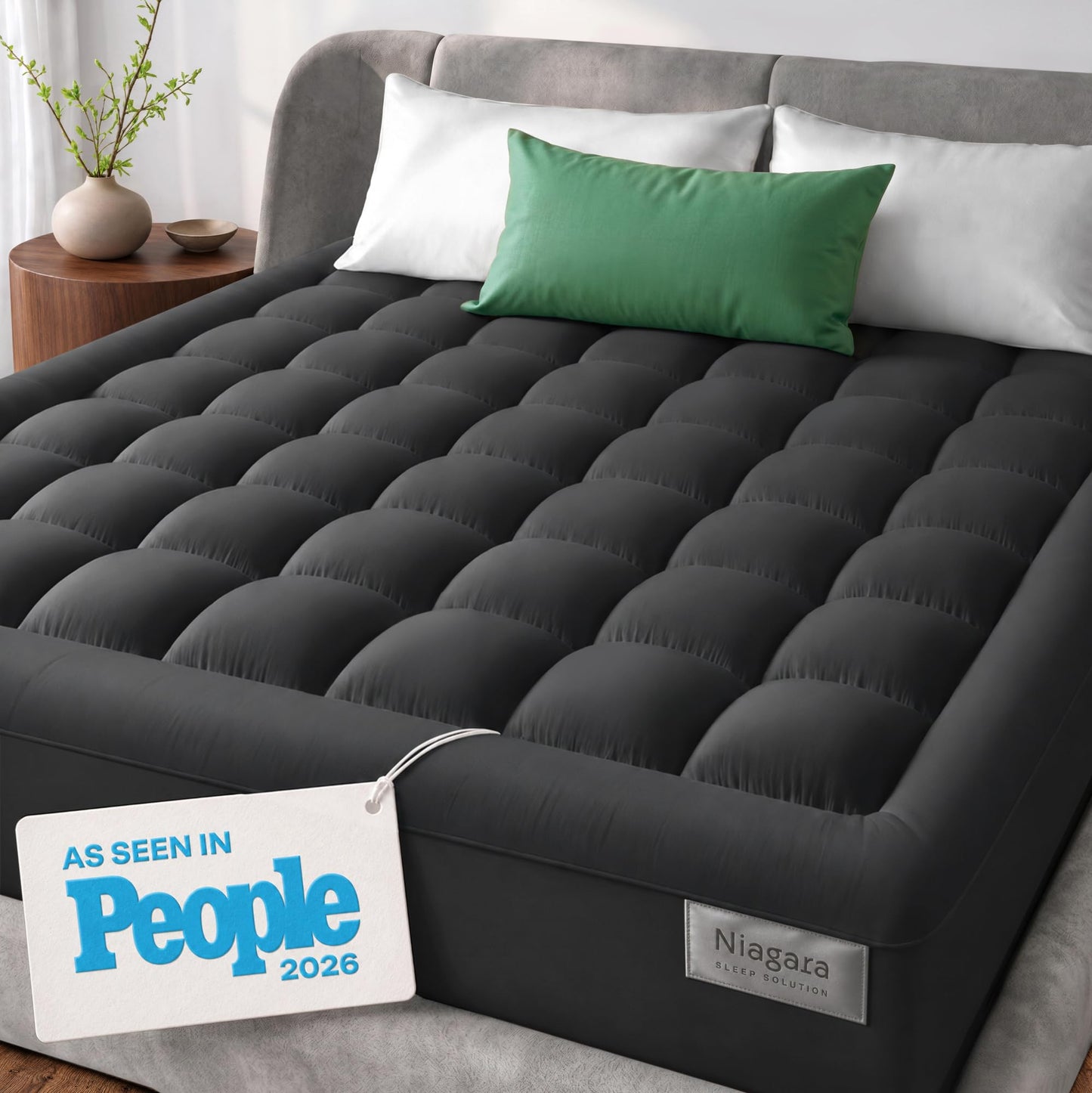 Niagara Sleep Solution Cloud-Like Queen Mattress Topper - 100% Cotton Top Mattress Pad for Back Pain Relief - Breathable & Naturally Cooling for Hot Sleepers, Dark Gray