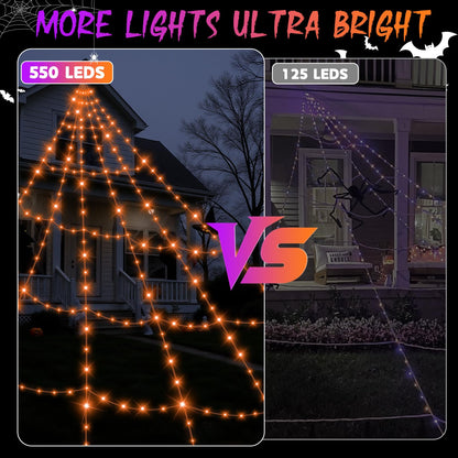 Halloween Decorations Outdoor Spider Web Lights - 550 LEDs Purple and Orange Remote Control Timer Plug in Giant Halloween Decor Cobwebs - 11 Modes Lighting Waterproof Yard Garden Party Decorations