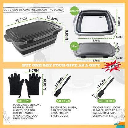 Collapsible BBQ Prep Tub with Lid & Cutting Board 8L - Meat Marinating Basin & Grill Carry System - 5pc Set with Heat Resistant Gloves, Basting Brush & Spatula(Black, Large, 8L)