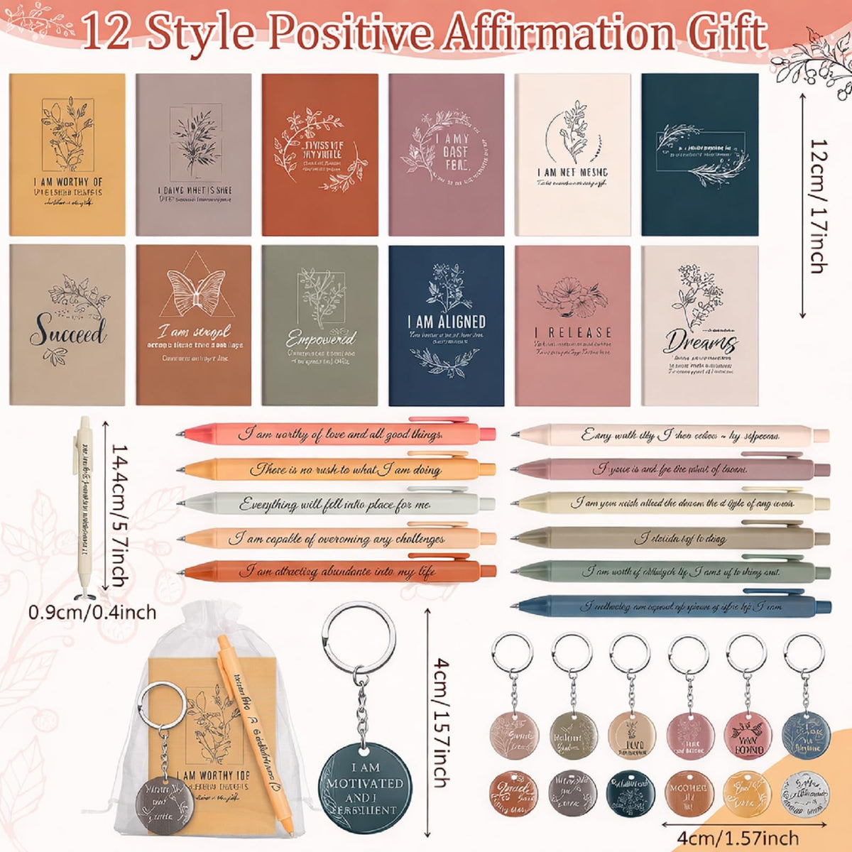 Mooliwe 108 Pcs/36 Set Positive Affirmation Gift Set Gratitude Notebooks with Pens Acrylic Keychains Small Bags Motivational Notepads for Women Coworkers Christmas Adults Party Favors (Vibrant)